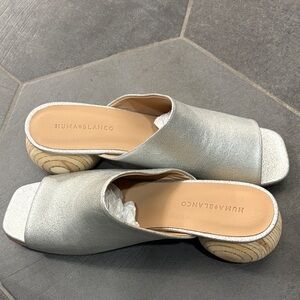 Huma Blanco Silver Mules with Unique Wooden Heel